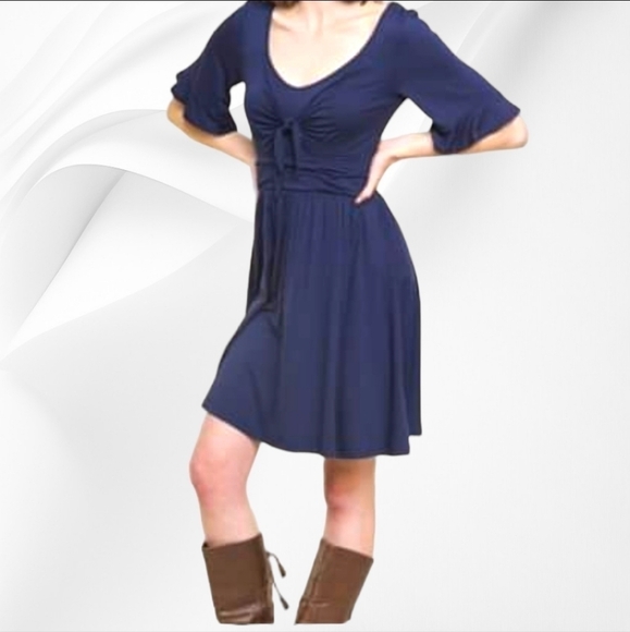 UMGEE - V-Neck Ruffle Sleeve Navy Blue Dress - Picture 4 of 5